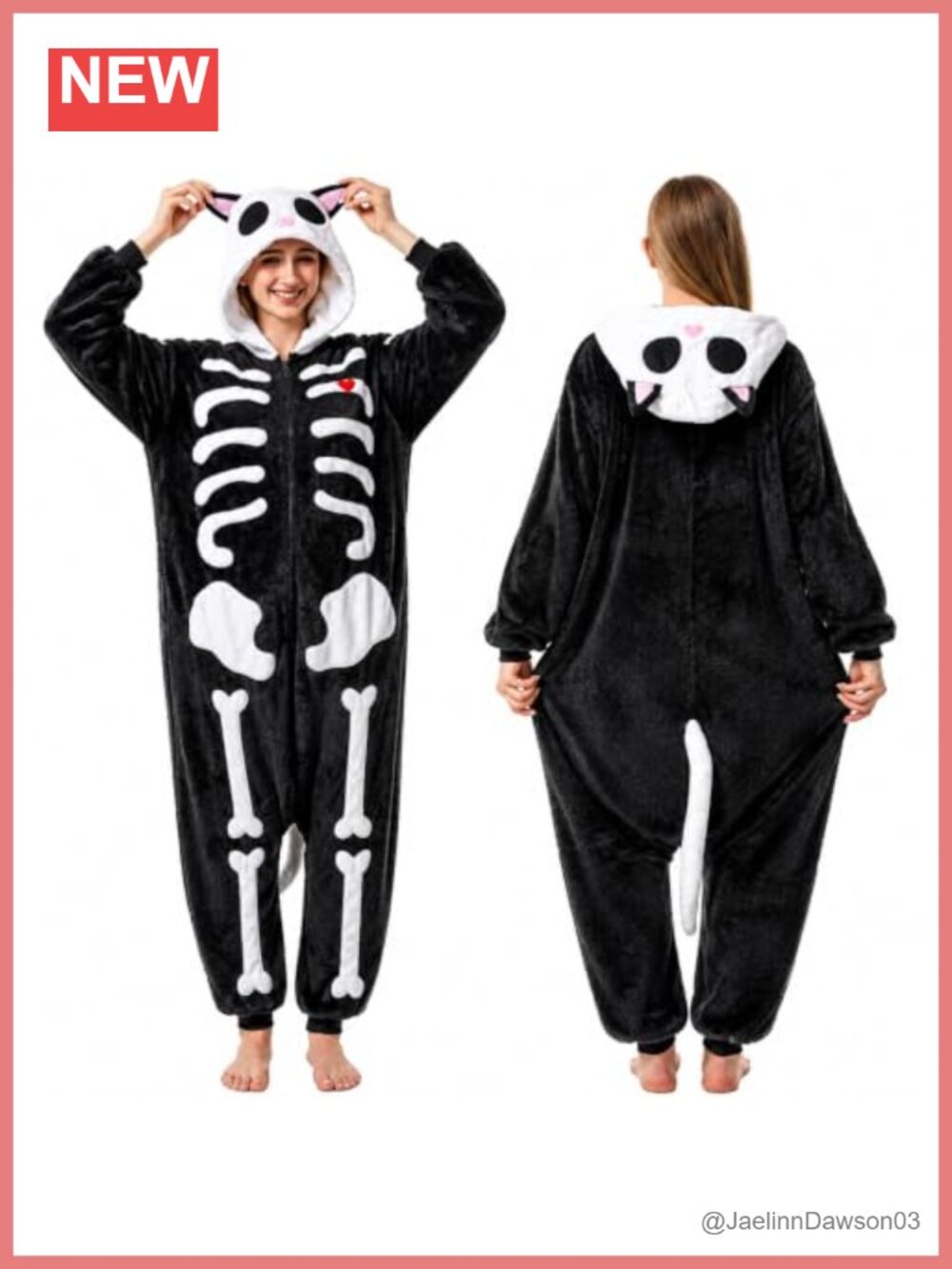 Flannel Fleece Skeleton Cat Animal Pajamas One Piece Hooded